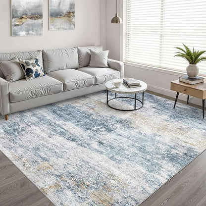 6x8 Area Rugs Living Room: Washable Large Neutral Rug Abstract Soft Modern Stain Resistant Indoor Floor Non-Slip Carpet for Bedroom Nursery Kids Office Playroom Dining Room Under Table- Blue Gold