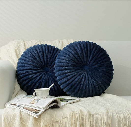 HIG Decorative Round Throw Pillows for Bed Couch -Set of 2 Handcraft Ruched Pumpkin Pillow, Soft and Durable Flannel Floor Pillow for Home Decor, Bed Living Room and Sofa (Navy,14.5"x14.5")