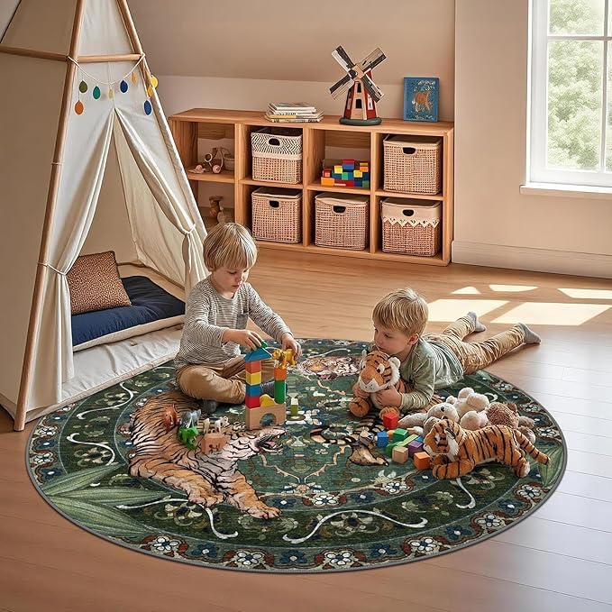 Round Tiger Area Rugs for Living Room 5ft, Boho Green Animal Print Bedroom Circle Rugs Non Slip, Washable Botanical Jungle Floor Carpet for Dining Room Entryway Nursery Playroom Office