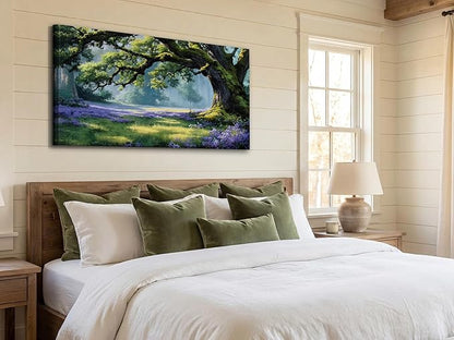 Ardemy Giant Tree Forest Canvas Wall Art 40"x20" Picture – Sunlit Landscape with Purple Wildflowers, Large Green Nature Painting for Living Room Bedroom Home Office Decor