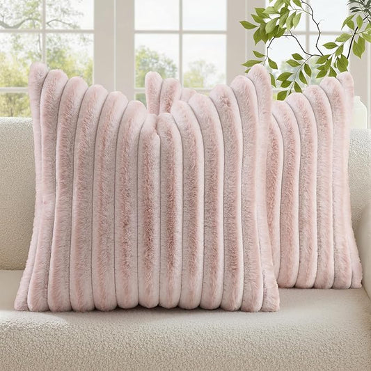 decorUhome Summer Cozy Faux Fur Throw Pillow Covers 18x18 Set of 2 Decorative Soft Plush Striped Modern Farmhouse Boho Couch Pillow Cases with Velvet Back for Sofa Bed Living Room, Pink White