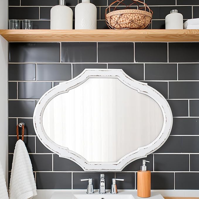 Vintage Oval Bathroom Mirror 22 X 30 Inch, Hanging Distressed White Rustic Scalloped Decorative Wall Mirrors, Unique Wood Mirrors for Wall Decor Living Room Entryway, Horizontal or Vertical