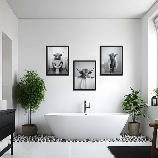 Black Wood Framed Funny Bathroom Highland Cow Wall Art, Black and White Cute Cow Animal Canvas Wall Decor Paintings Set of 3, Vintage Rustic Farmhouse Posters Prints for Bathroom Restroom 16x24 Inch