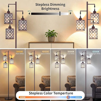 Dimmable Floor Lamp, Farmhouse Standing Lamp with Elegant Metal Cage, Industrial Tall Tree Floor Lamps for Living Room, Bedroom, Study Room, Office, 3 x 1100LM LED Bulbs Included, 72",Brown