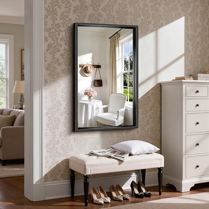 CIRCUMI 24"x40" Brushed Black Mirror with Chunky Box Metal Frame, Bathroom Mirror for Vanity Remodel & New Home, Living Room, Entryway, Rectangular Wall Mirror, Tempered Glass, Vertical or Horizontal