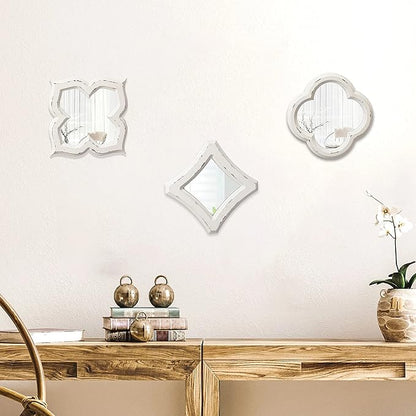 Farmhouse Small Decorative Mirrors for Wall Decor Living Room 7.9 inch, Hanging Distressed White Vintage Wood Frame Bedroom Mirror, Rustic Rhombus Wall Mounted Mirror for Home Decor