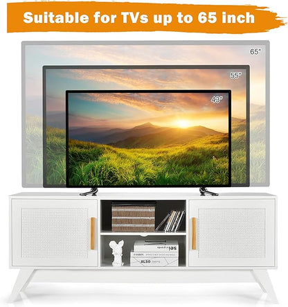 Tangkula Rattan TV Stand for TVs Up to 65", Entertainment Center, 3-Tier Adjustable Shelf, 2 Enclosed Weaved Cabinets, Cable Holes, Modern Media TV Console Table for Living Room