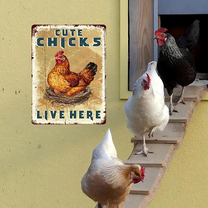 Funny Chicken Coop Signs Vintage Cute Chicks Live Here Metal Decor for Hen House & Farm 12x16Inch