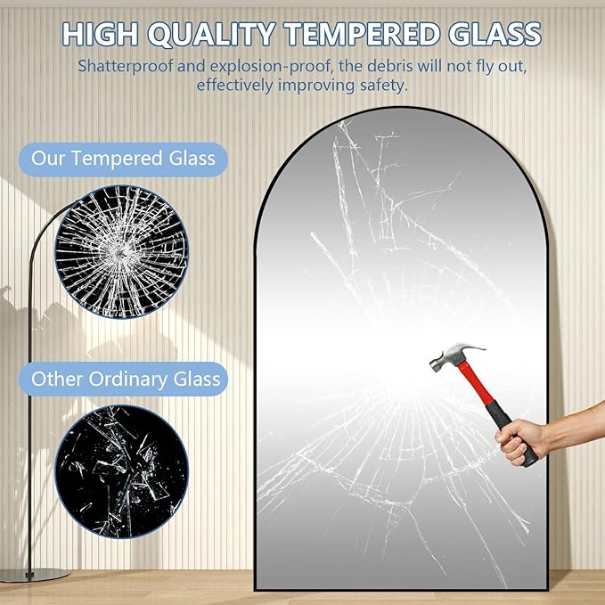Arched Full Length Mirror, 76"X44" Oversized Black Floor Mirror Full Length, Tempered Glass Large Free Standing Mirror for Bedroom Living Room Clothing Store Gym, Aluminum Alloy Frame