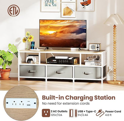Tangkula Farmhouse TV Stand for TVs up to 65", 3-Tier Entertain Center with Power Outlets USB Charging, Media Console Table with Open Shelf & 3 Fabric Storage Drawers for Living Room (Natural)