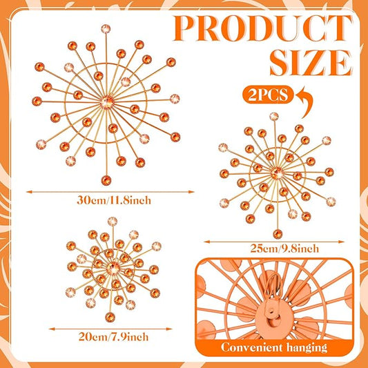 Blulu 4 Pcs Metal Wall Decor Bling Crystal Wall Art Cast Iron Rhinestones Sunburst Decor Starburst Art Hanging Diamond Accents Decorative for Living Room Bedroom Entryway (Orange)