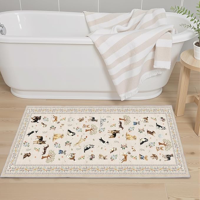 Dog Rug Runner for Entryway, 2x4 Washable Kitchen Mat Ultra-Thin Soft, Non-Slip Indoor Door Carpet Stain Resistant Boho Small Low-Pile Throw for Bathroom Bedroom, Beige