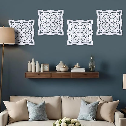 Woodify Hand-Carved Wooden Wall Décor – Set of 4, 12" x 12" Decorative Wood Panels, Floral Design, White Antique Finish, Wall Art for Living Room & Home Décor