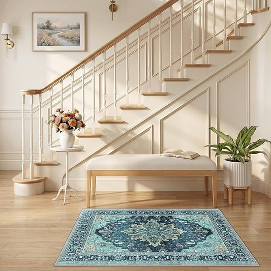 RELEANY Area Rugs 2'6"x4' Kitchen Rugs Entry Rug Small Rugs for Entryway Kitchen Bathroom Door Mat Indoor Entrance,Washable Non Slip, Teal Green Lake Blue Turquoise