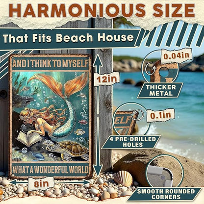 Mermaid Bathroom Wall Art, Vintage Coastal Metal Tin Sign for Beach House & Girls Room Decor - Rustic 8x12 Inch