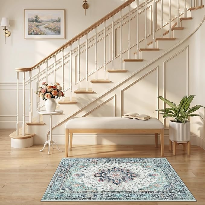 RELEANY Area Rugs 2'6"x4' Kitchen Rugs Entry Rug Small Rugs for Entryway Kitchen Bathroom Door Mat Indoor Entrance,Washable Non Slip, Green Navy Blue White Red Teal Colorful