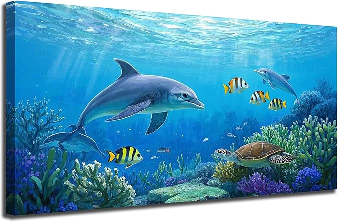 Ardemy Ocean Life Wall Art 40"x20" Picture, Waterproof Canvas Print with Dolphins and Sea Turtles, Underwater Scene for Bathroom, Kids Room, Living Room Coastal Decor