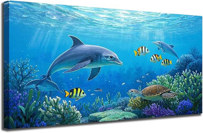 Ardemy Ocean Life Wall Art 40"x20" Picture, Waterproof Canvas Print with Dolphins and Sea Turtles, Underwater Scene for Bathroom, Kids Room, Living Room Coastal Decor