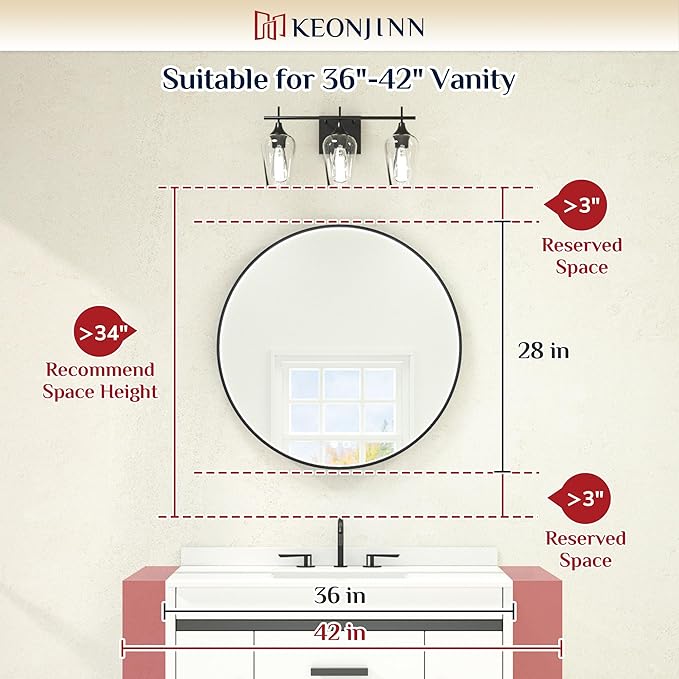 Keonjinn 28 Inch Round LED Bathroom Mirror, 3 Color Temperature Lights 3000K/4500K/6000K, Black Metal Framed Front Lighted Round Vanity Mirror Dimmable, Circle Makeup Mirror Anti-Fog UL Listed CRI≥90