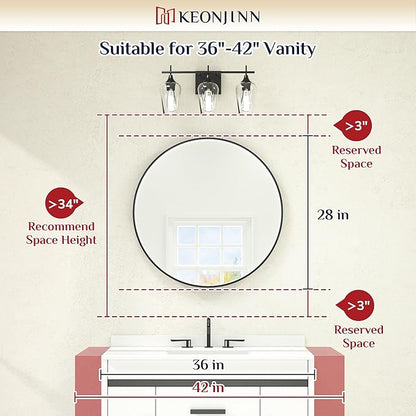 Keonjinn 28 Inch Round LED Bathroom Mirror, 3 Color Temperature Lights 3000K/4500K/6000K, Black Metal Framed Front Lighted Round Vanity Mirror Dimmable, Circle Makeup Mirror Anti-Fog UL Listed CRI≥90