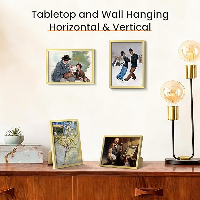 upsimples 5x7 Picture Frame Set of 3, Made of High Definition Glass for 5 x 7 Gold Frames, Wall and Tabletop Display Thin Border Photo Frame for Home Décor