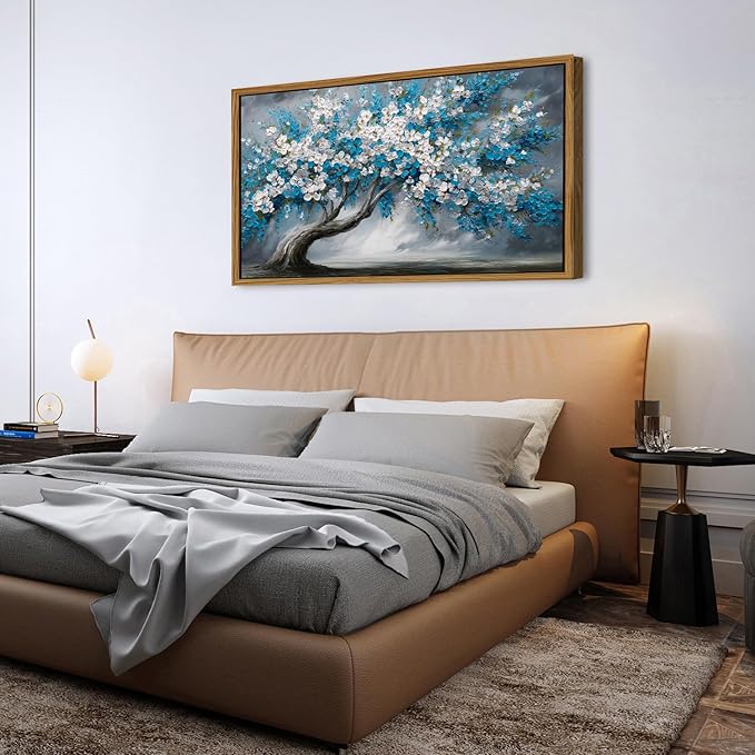 Abstract White Daisy Flower Framed Wall Art Colorful Tree Wall Decor Nature Navy Blue Botanical Painting Rustic Farmhouse Pictures Posters Modern Artwork for Bedroom Living Room Decorations 30x57.8