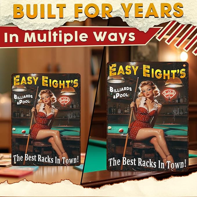 Retro Pin Up Girl Metal Sign Easy Eight's Vintage Man Cave Wall Art for Garage, Bar & Game Room 12x16 Inch Tin Poster