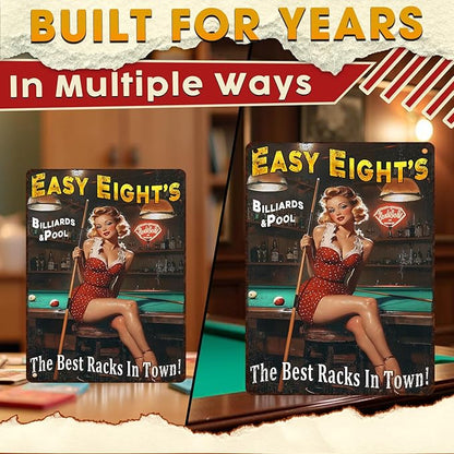 Retro Pin Up Girl Metal Sign Easy Eight's Vintage Man Cave Wall Art for Garage, Bar & Game Room 12x16 Inch Tin Poster
