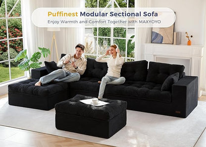MAXYOYO 132" U Shaped Modular Sectional Sofa with 2 Ottomans, Cloud Boneless Couch with Layered Cushion, Flexible Module Combination Sofa for Living Room, No Assembly Required, Black
