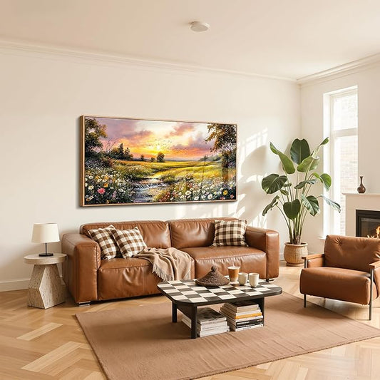 crmotu Extra Large Framed Wall Art for Living Room, Sunset Landscape Wall Art, Nature Wildflower Daisy Artwork, Country River Scenery Painting for Farmhouse Bedroom Dining Room Decor, 32"x71"