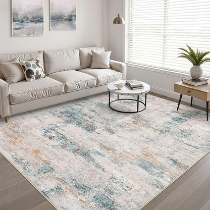 9x12 Area Rug Living Room: Washable Large Neutral Aqua Brown Rugs Abstract Soft Modern Stain Resistant Indoor Floor Non-Slip Carpet for Bedroom Nursery Kids Office Playroom Dining Room Under Table