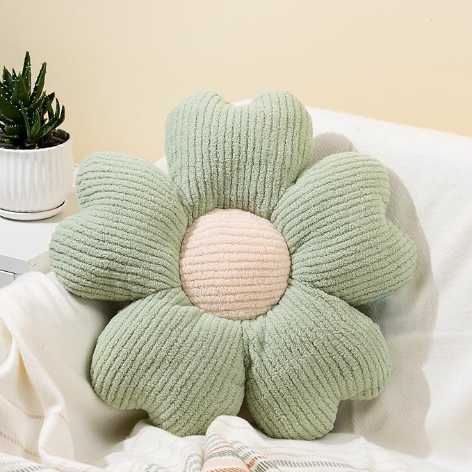 Sioloc Daisy Flower Pillow - Green Decorative Pillows for Bed, Cute Throw Pillow Floor Cushion for Chair, Couch & Room Decor (15.7 Inch)