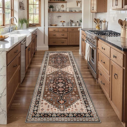 Tangsoo Vintage 2x6 Washable Runner Rug for Hallways,Non-Slip Rubber Backing Mat,Brown Beige Non-Slip Low Pile Long Rug Runner Carpet for Kitchen Bedroom Entryway Laundry