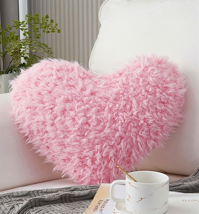 MOOWOO Pink Girl Heart Throw Pillow with Pillow Cover and Insert,Love Pillow，Valentines Day Decor, Shaggy Faux Fur Fluffy Pillow, Gift for Mothers,Girls (Pink,Heart Shape-15.7X15.7Inches)