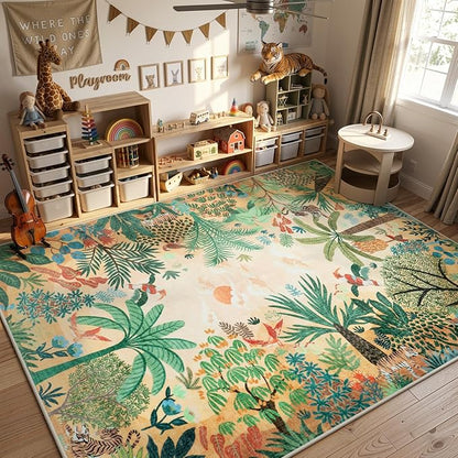 LIVEBOX Boho 8x10 Area Rugs for Living Room, Washable Soft Jungle Animal Print Rug for Bedroom, Farmhouse Non Slip Rug Floor Carpet, Forest Dining Room Rugs for Under Table