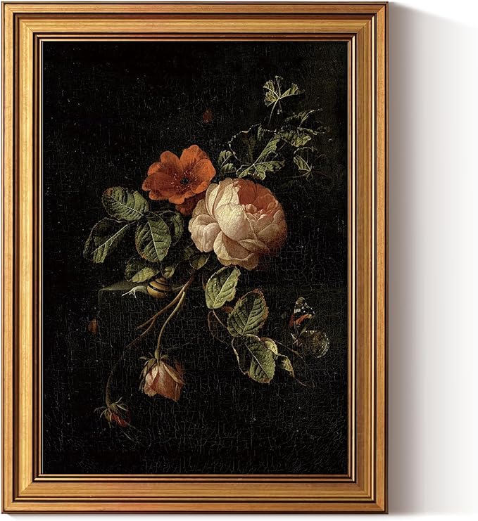 VIYYIEA Vintage Gold Framed Wall Art, Botanical Dark Academia Moody Canvas Decor, Aesthetic Classical Roses Still Life Pictures, Victorian Picture Photo Frame Wall Decor for Gallery Bathroom Bedroom, 12x16inch