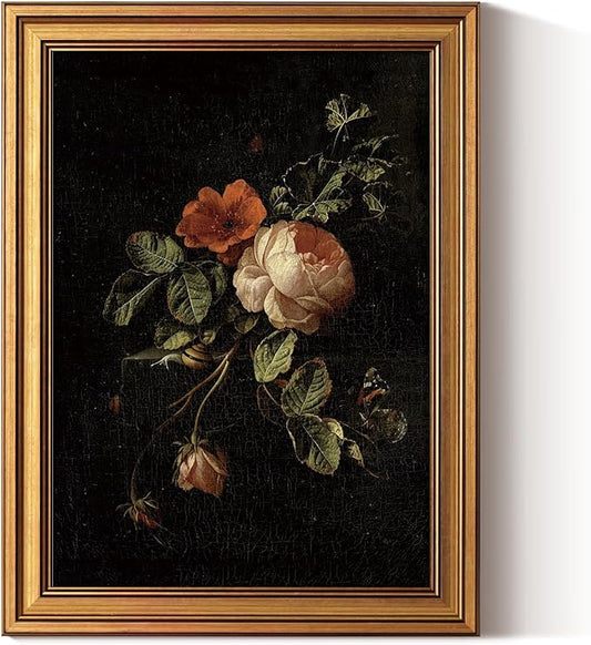 VIYYIEA Vintage Gold Framed Wall Art, Botanical Dark Academia Moody Canvas Decor, Aesthetic Classical Roses Still Life Pictures, Victorian Picture Photo Frame Wall Decor for Gallery Bathroom Bedroom, 12x16inch