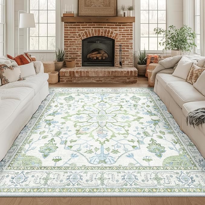 RELEANY Area Rugs Square 8ft Washable Non-Slip, Floral Vintage Distress Print Pattern Medallion Carpet for Living Room Bedroom Dining Room, Green White Blue