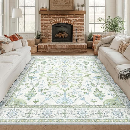 RELEANY Area Rugs Square 8ft Washable Non-Slip, Floral Vintage Distress Print Pattern Medallion Carpet for Living Room Bedroom Dining Room, Green White Blue