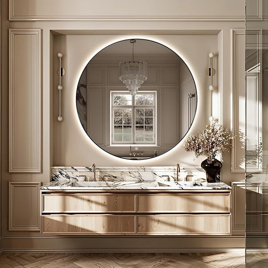 Niccy 48" LED Backlit Round Mirror for Bathroom, Black Framed Vanity Light Wall Mirror, LED Smart Circle Mirrors with 3 Lighting Colors, Round Lighted Mirror with Anti-Fog, IP65 Waterproof
