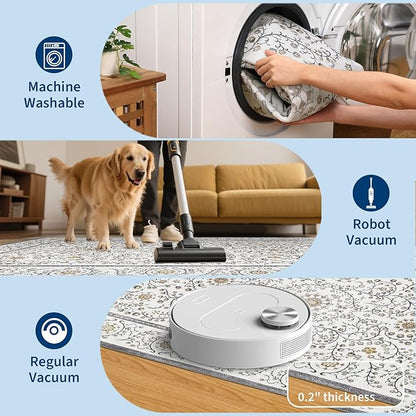 GarveeHome Boho Round Rug 4ft for Bedroom Non Slip, Vintage Botanical Circle Rugs Washable Area Rug for Kitchen Stain Resistant, Low Pile Soft Grey Circular Carpet for Nursery Entryway