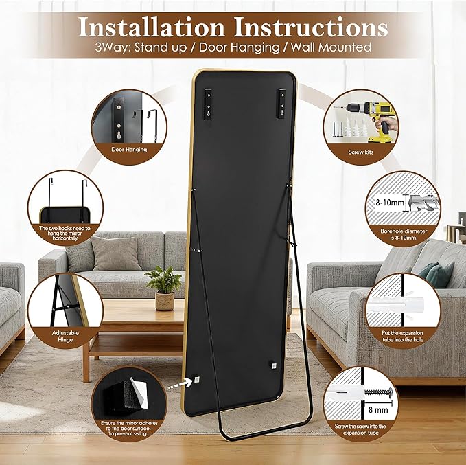 NARCISSUS 57x20 Mirror Door Hanging Full Length Body with Floor Stand or Wall Mounted Metal Aluminum Frame Tempered Glass Rectangle Mirrors for Bedroom Dressing Living Room Bathroom 57 inch Gold