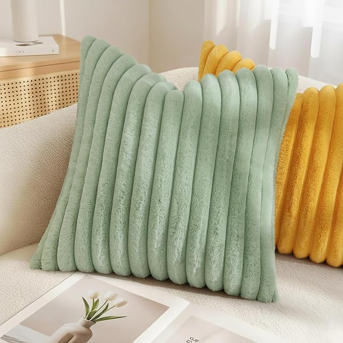 decorUhome Summer Cozy Faux Fur Throw Pillow Covers 18x18 Set of 2 Decorative Soft Plush Striped Modern Farmhouse Boho Couch Pillow Cases with Velvet Back for Sofa Bed Living Room, Sage Green