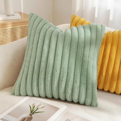 decorUhome Summer Cozy Faux Fur Throw Pillow Covers 18x18 Set of 2 Decorative Soft Plush Striped Modern Farmhouse Boho Couch Pillow Cases with Velvet Back for Sofa Bed Living Room, Sage Green
