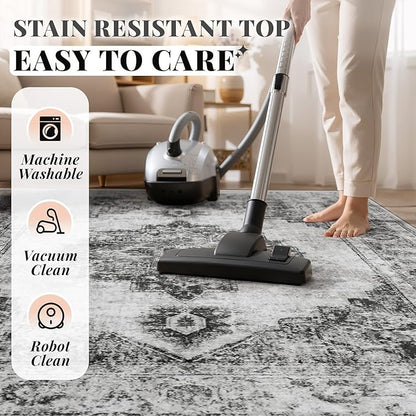 Area Rug 3x5 Vintage Rug: Washable Indoor Medallion Rug Low Pile Distressed Floor Carpet Retro Accent Doormat for Bedroom Bathroom Hallway Kitchen Home Office(Black, 3'x5')