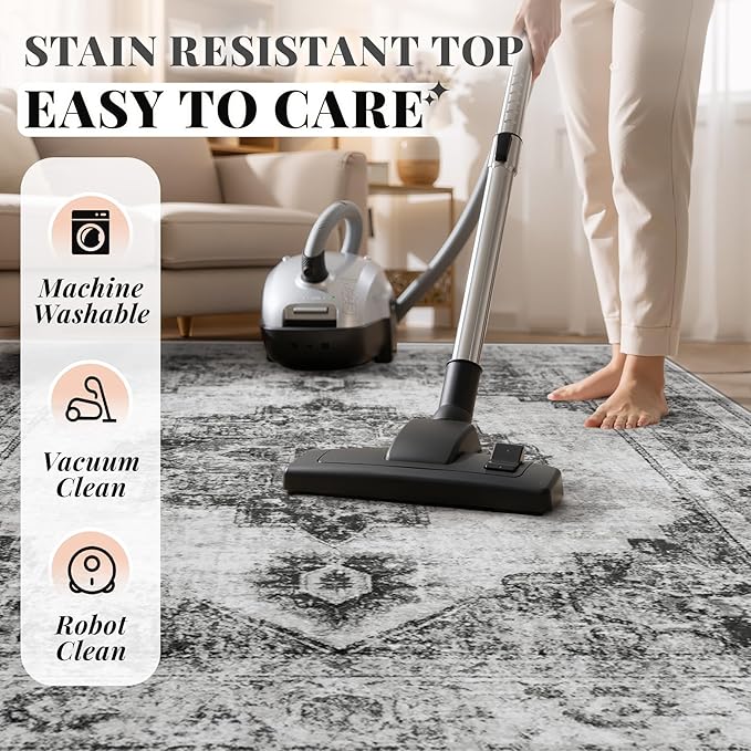 Area Rug 9x12 Vintage Rugs: Large Washable Indoor Medallion Rug Low Pile Distressed Floor Carpet Retro Accent Rugs for Living Room Bedroom Kitchen Dining Table Home Office(Black, 9'x12')