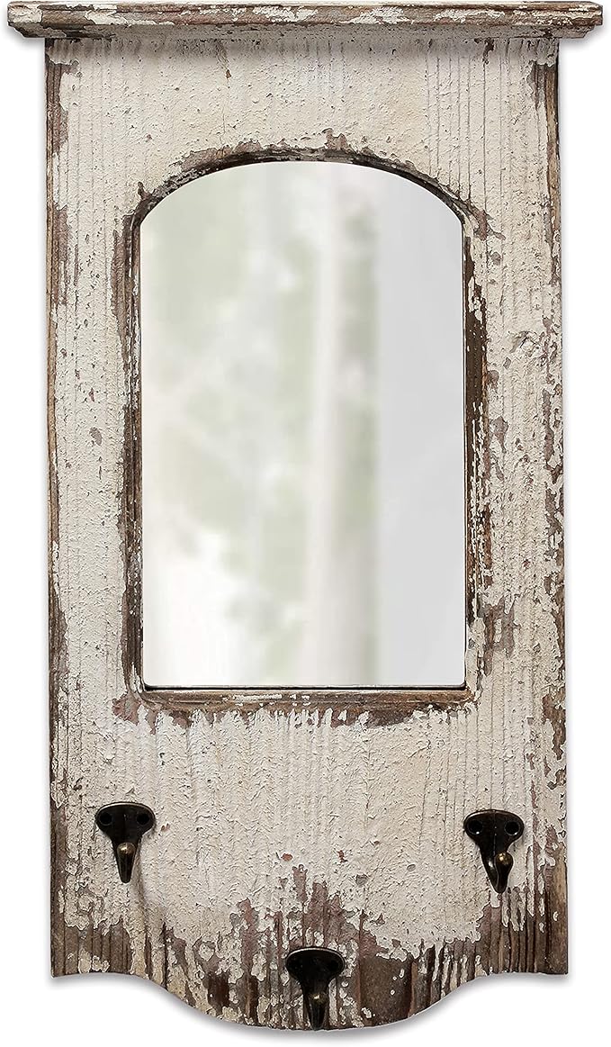 Rustic Entryway Arched Wall Mirrors with 3 Metal Hooks 12" x 22", Hanging Distressed White Wood Frame Farmhouse Bathroom Mirrors for Vanity, Ornate Mirror Wall Decor Living Room