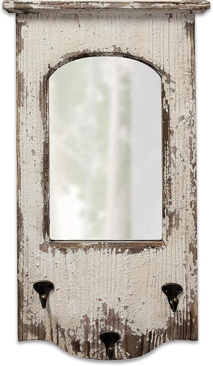 Rustic Entryway Arched Wall Mirrors with 3 Metal Hooks 12" x 22", Hanging Distressed White Wood Frame Farmhouse Bathroom Mirrors for Vanity, Ornate Mirror Wall Decor Living Room