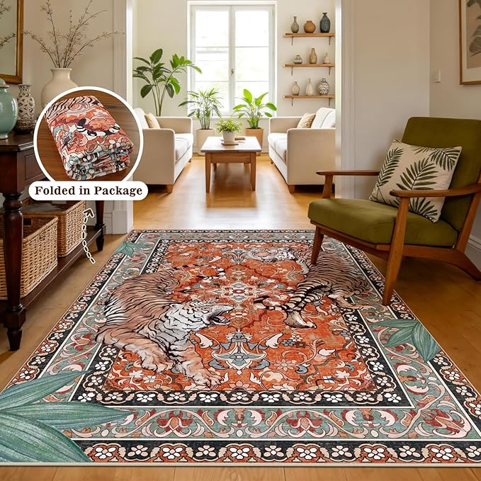 Tiger Washable Rugs for Living Room 4x6Ft, Boho Jungle Bedroom Area Rugs, Thin Botanical Entryway Nursery Area Floor Carpets for Dorm Dining Room Kids Playroom Study Farmhouse, Rust Red