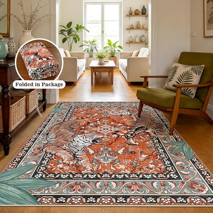 Tiger Washable Rugs for Living Room 4x6Ft, Boho Jungle Bedroom Area Rugs, Thin Botanical Entryway Nursery Area Floor Carpets for Dorm Dining Room Kids Playroom Study Farmhouse, Rust Red